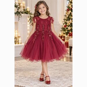 Boutique Girls Size 8 Red Lace Beaded Sequined Tulle Formal Party Holiday Dress